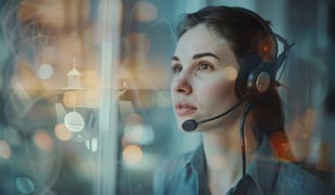  A businesswoman wearing a headset provides service on a video conference call to support a remote customer